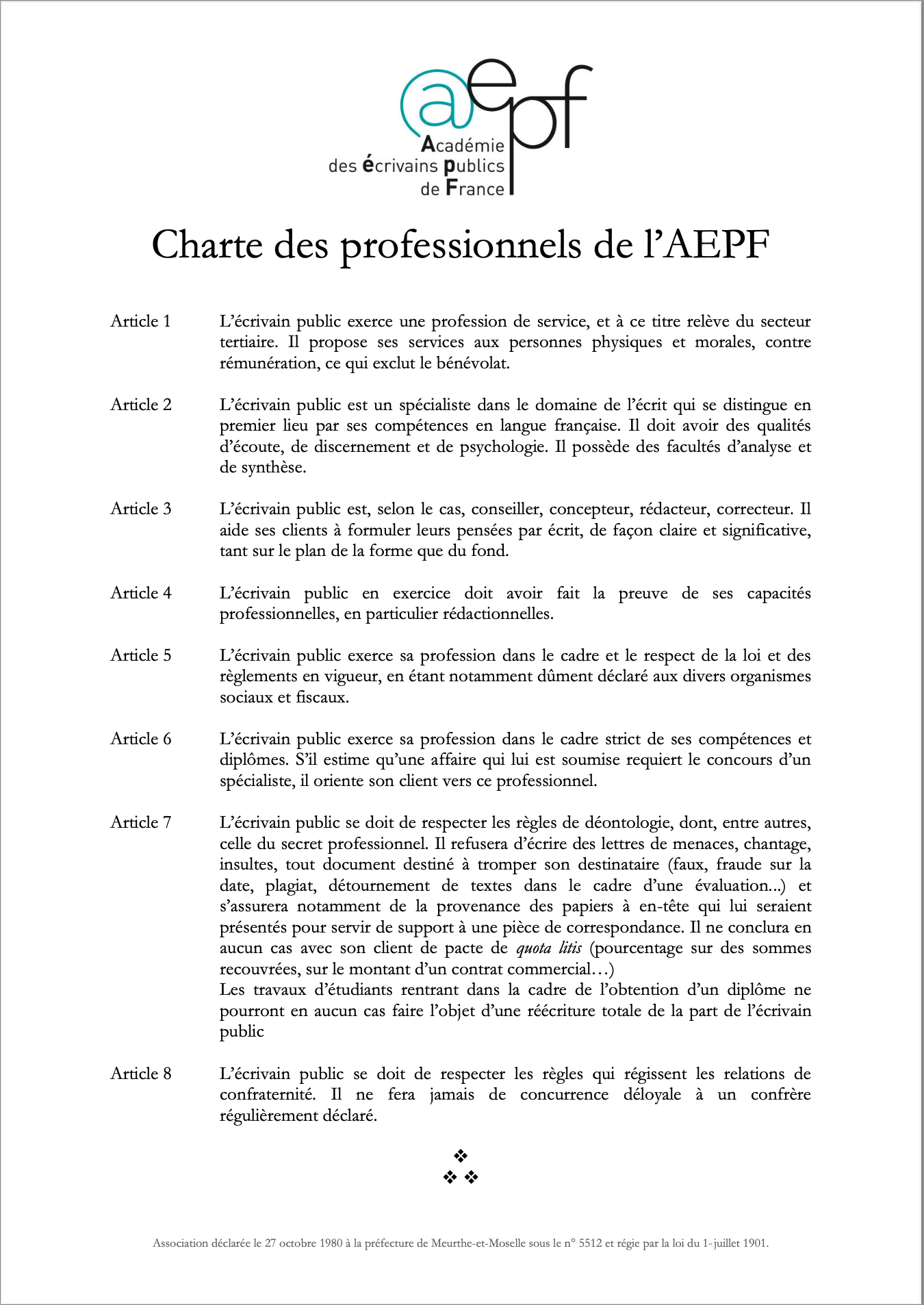Charte des professionnels de l’AEPF